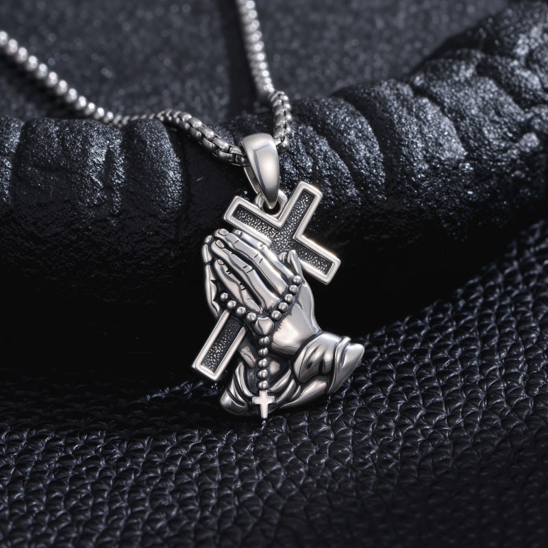 Sterling Silver Praying Hands Angel Sword Wing Cross Pendant Necklace Religious Gifts for Men