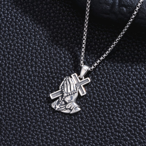Sterling Silver Praying Hands Angel Sword Wing Cross Pendant Necklace Religious Gifts for Men