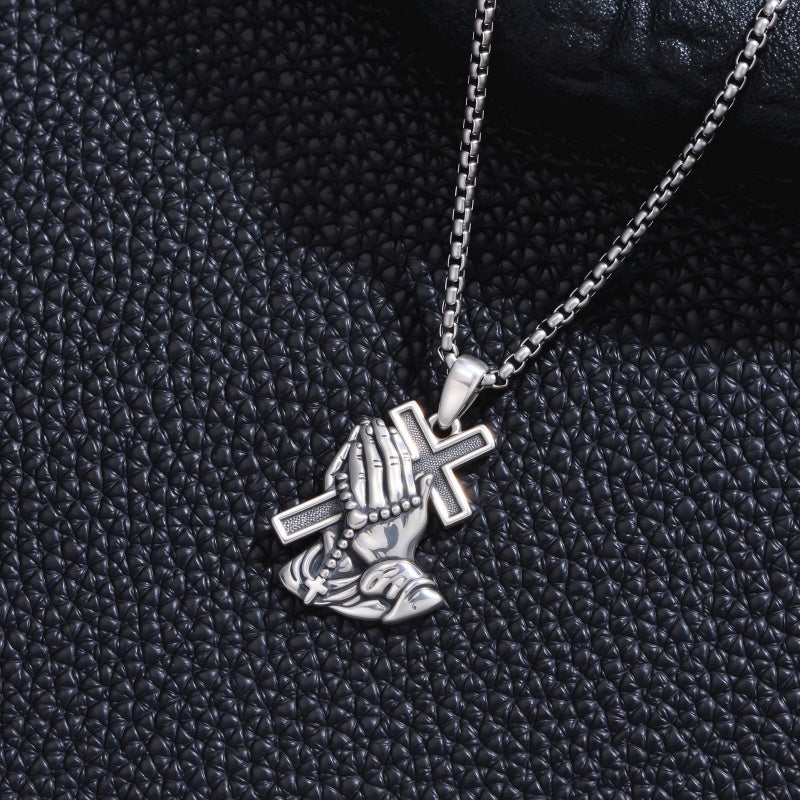 Sterling Silver Praying Hands Angel Sword Wing Cross Pendant Necklace Religious Gifts for Men
