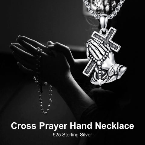 Sterling Silver Praying Hands Angel Sword Wing Cross Pendant Necklace Religious Gifts for Men