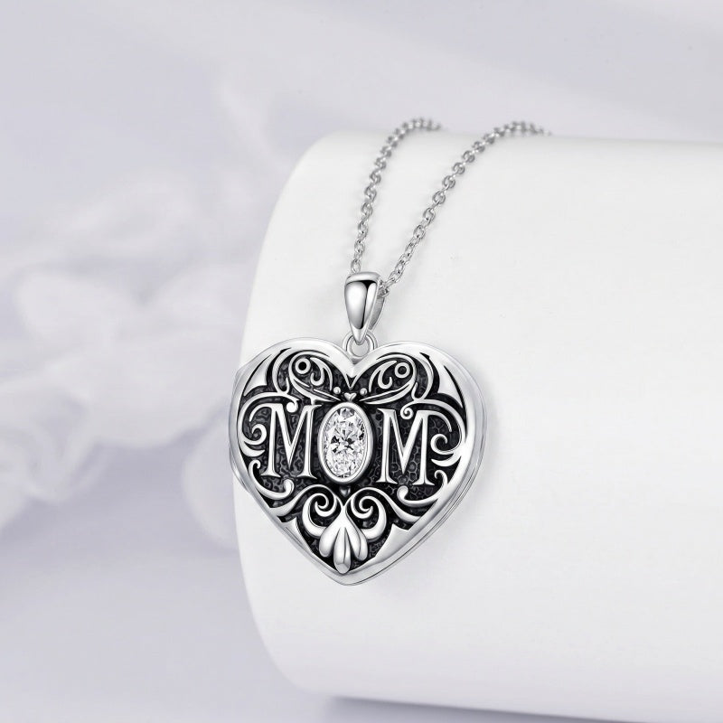 Sterling Silver Heart Cubic Zirconia Photo Locket Necklace