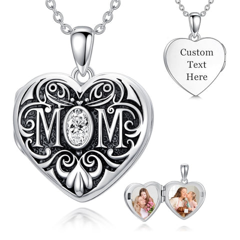 Sterling Silver Heart Cubic Zirconia Photo Locket Necklace