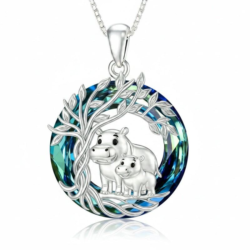 Sterling Silver Crystal  Hippo Elephant Squirrel Otter Bear Tree of Life Pendant Necklace  Mother's Day Christmas Gifts