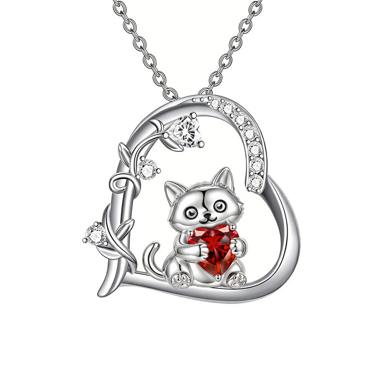 Sterling Silver Birthstone  Cat Pendant Necklace for Women