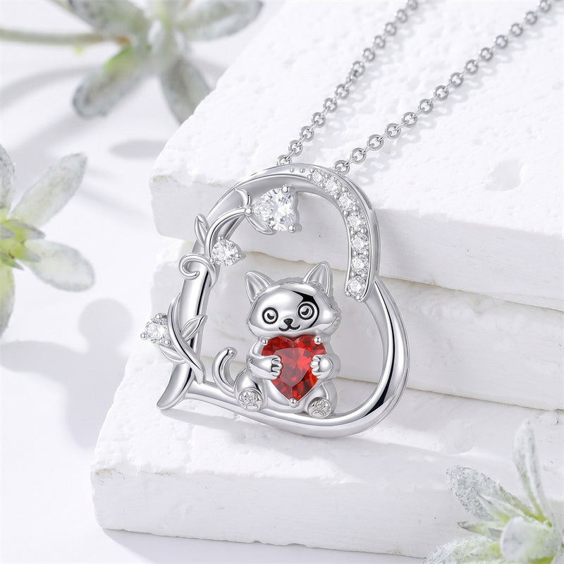 Sterling Silver Birthstone  Cat Pendant Necklace for Women