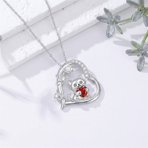 Sterling Silver Birthstone  Cat Pendant Necklace for Women