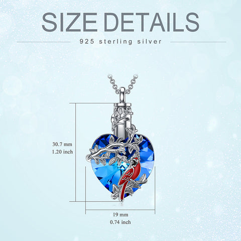 Sterling Silver Heart Crystal Red Cardinal Urn Necklace for Ashes
