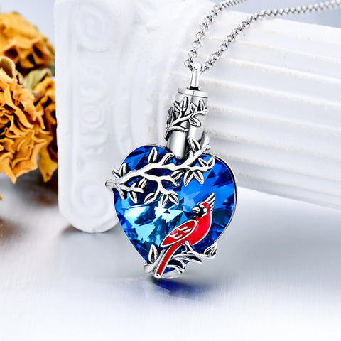 Sterling Silver Heart Crystal Red Cardinal Urn Necklace for Ashes