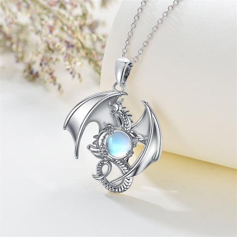 Sterling Silver Moonstone Dragon Pendant Necklace