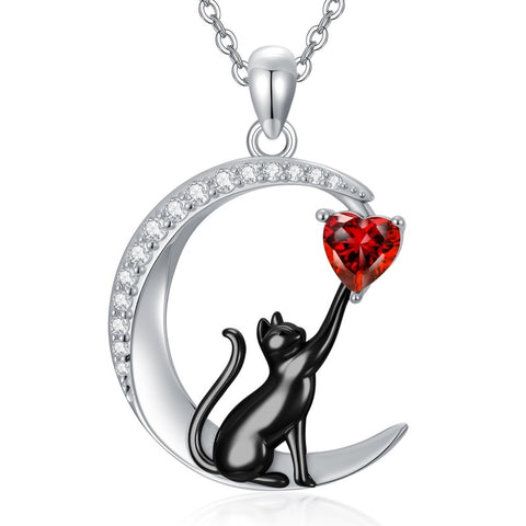 Sterling Silver Heart Birthstone Cat Pendant Necklace