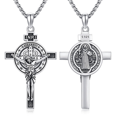 Sterling Silver Benedict Crucifix Protection Pendant Necklace
