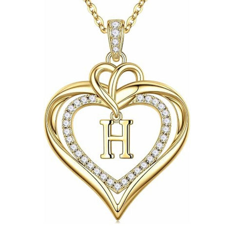14K Gold Plated Initial Double Heart Pendant Necklace Anniversary Birthday Gifts for Women