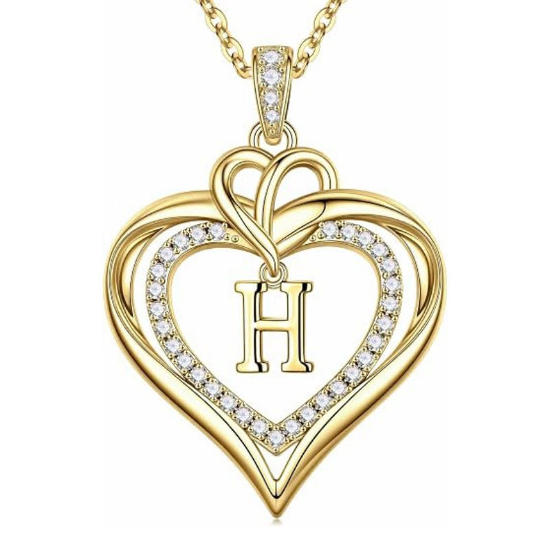 14K Gold Plated Initial Double Heart Pendant Necklace Anniversary Birthday Gifts for Women