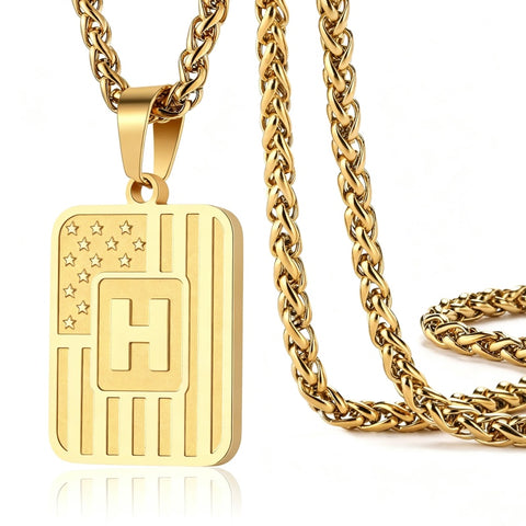 14K Gold Plated  American Flag Initial A-Z Pendant Necklace for Men