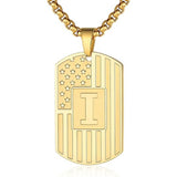 14K Gold Plated Initial A-Z American Flag Dog Tag Necklace for Men