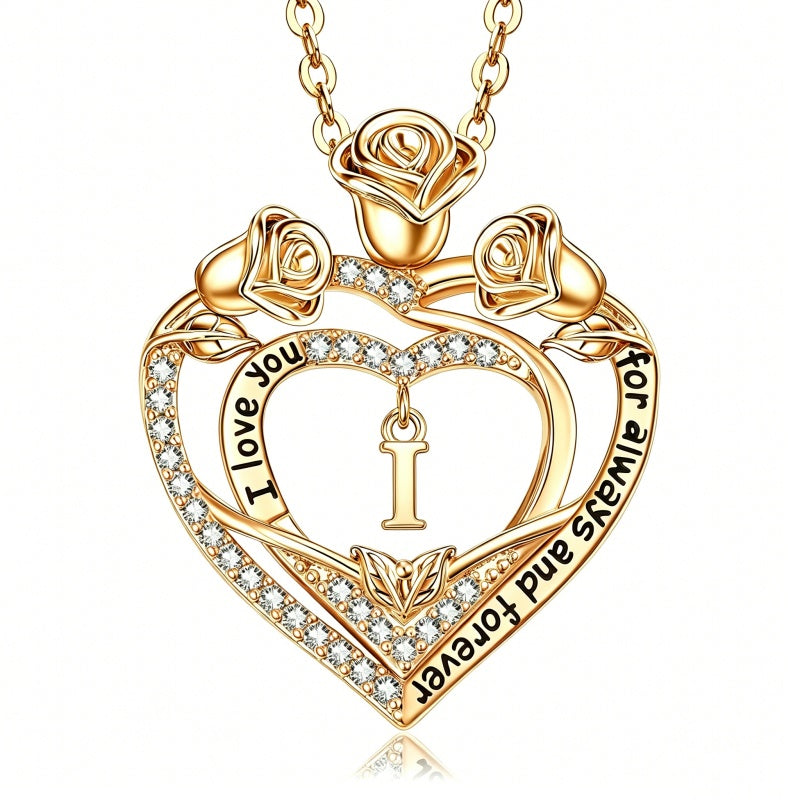 14K Gold Plated Rose Heart Initial Necklace Engraved with I Love You for Always and Forever  for Women