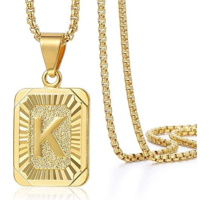 14K Gold Plated  Initial A-Z Letter Pendant Necklace Stainless Steel Box Chain 24inch