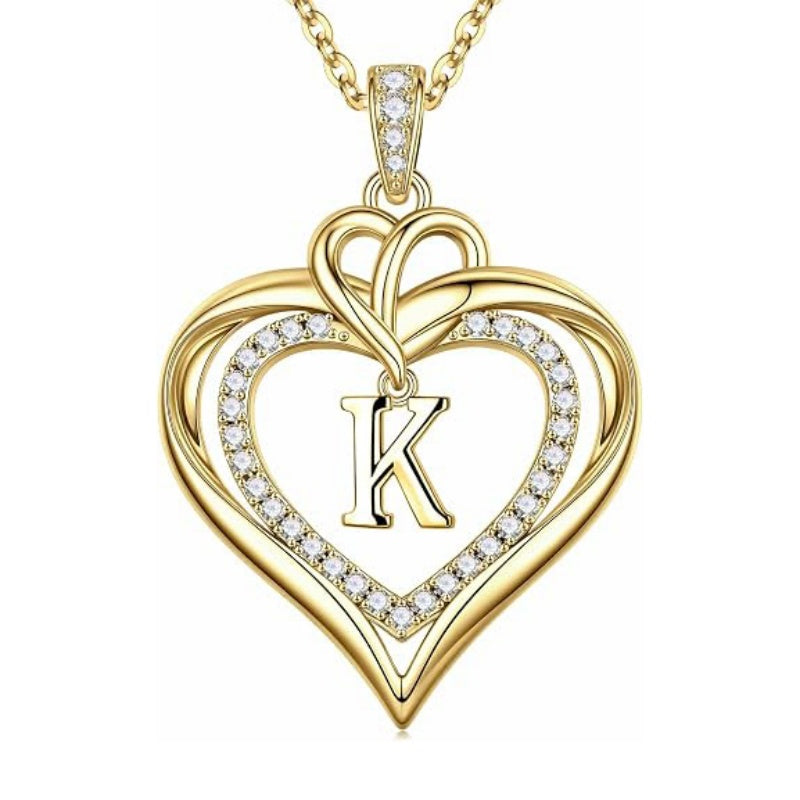 14K Gold Plated Initial Double Heart Pendant Necklace Anniversary Birthday Gifts for Women
