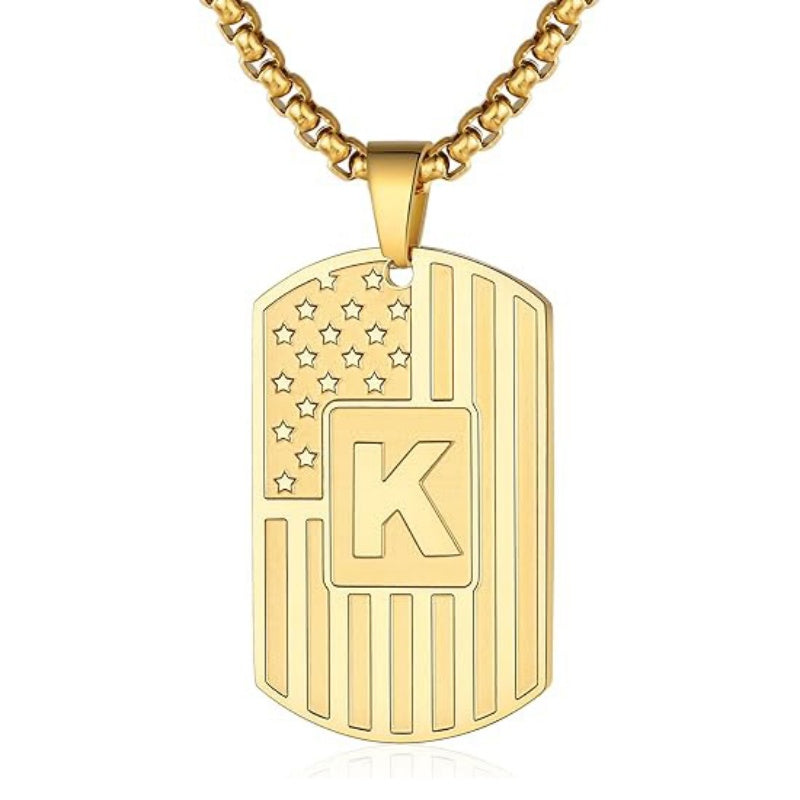 14K Gold Plated Initial A-Z American Flag Dog Tag Necklace for Men