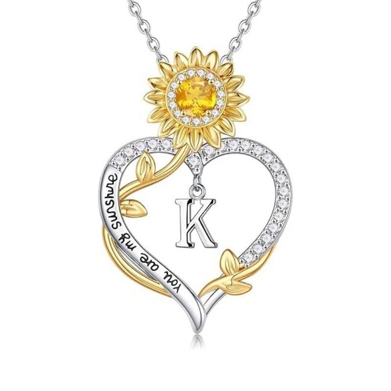 14K Gold Plated Initial Sunflower Pendant Necklace Engraved with You Are My Sunshine
