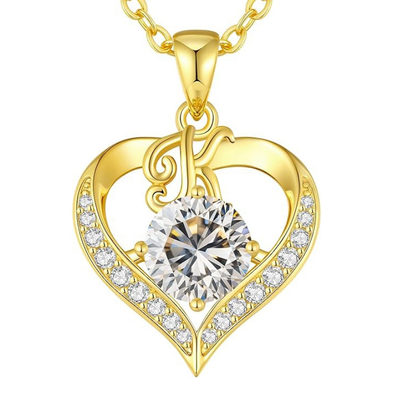 14K Gold Plated Initial Love Heart 2 Carat Moissanite Necklaces for Women Christmas Anniversary Birthday Present Gifts