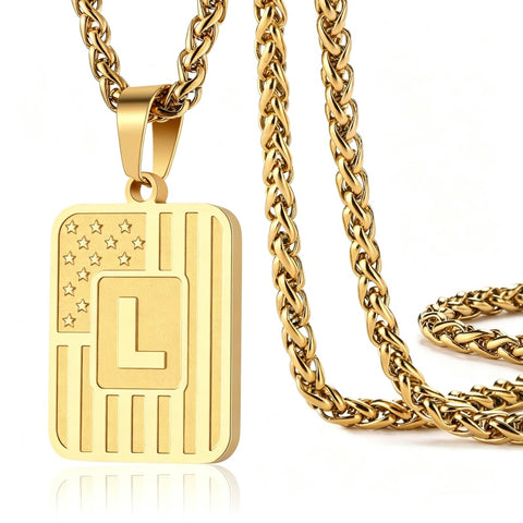 14K Gold Plated  American Flag Initial A-Z Pendant Necklace for Men