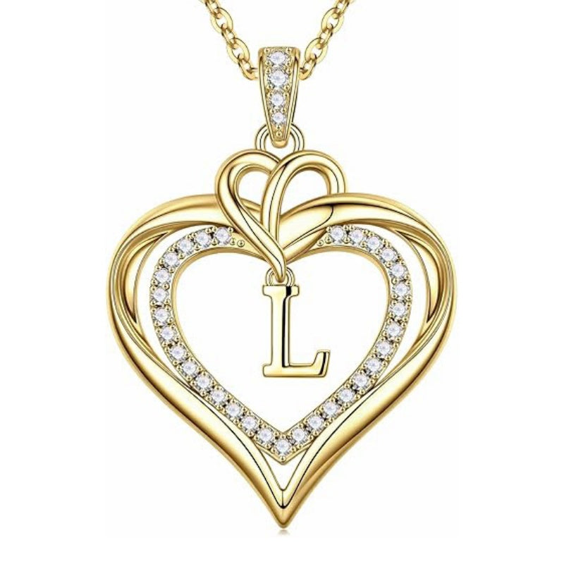 14K Gold Plated Initial Double Heart Pendant Necklace Anniversary Birthday Gifts for Women