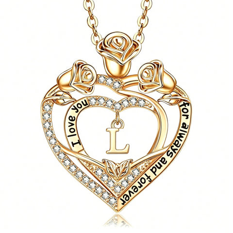14K Gold Plated Rose Heart Initial Necklace Engraved with I Love You for Always and Forever  for Women