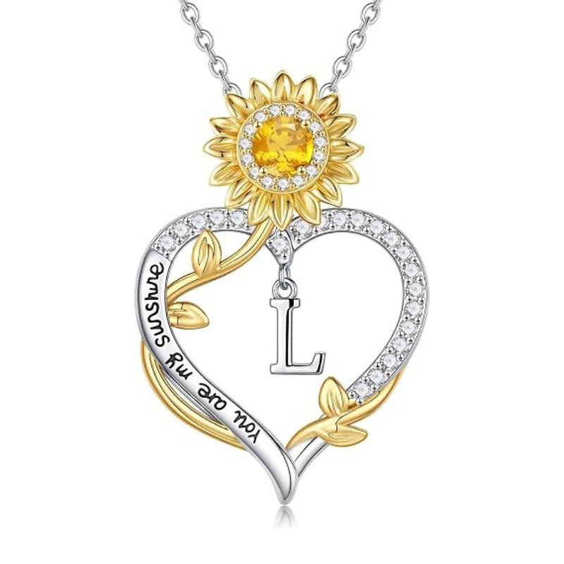 14K Gold Plated Initial Sunflower Pendant Necklace Engraved with You Are My Sunshine