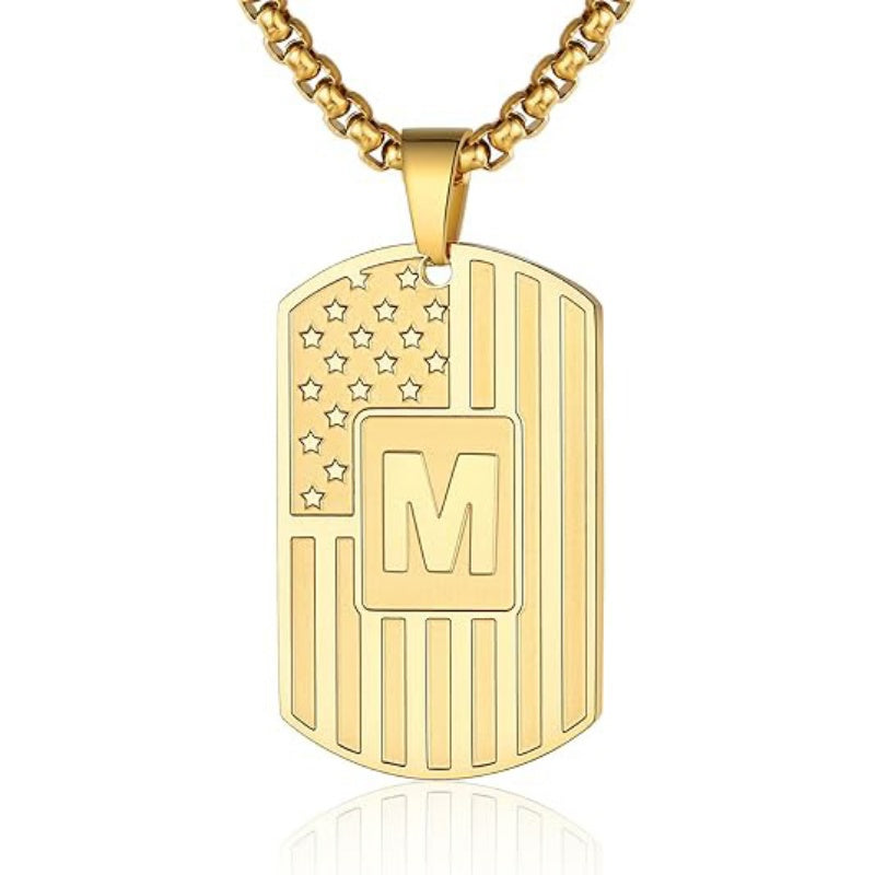 14K Gold Plated Initial A-Z American Flag Dog Tag Necklace for Men
