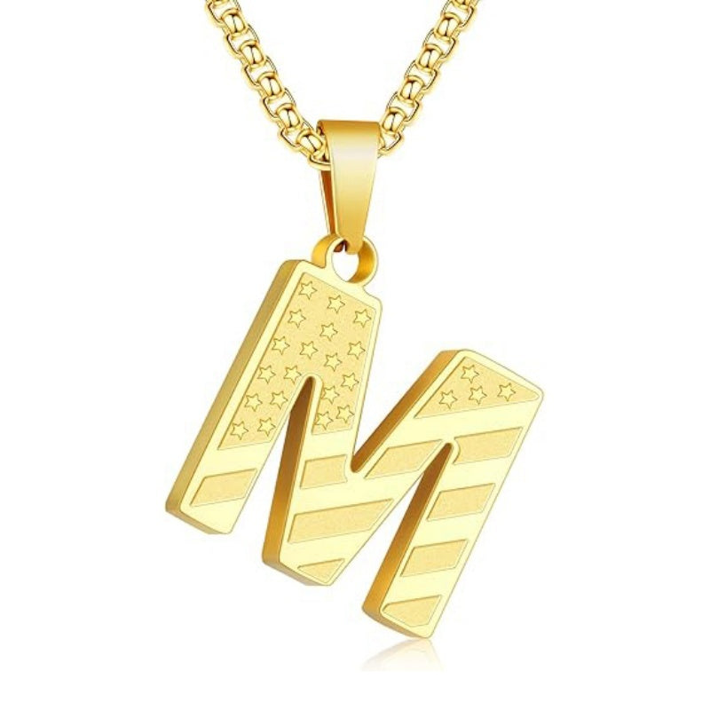 14K Gold Plated American Flag Initial Pendant Necklace for Men