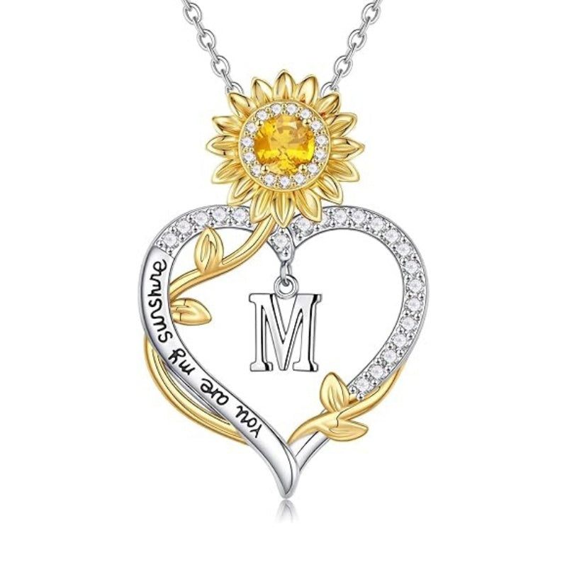 14K Gold Plated Initial Sunflower Pendant Necklace Engraved with You Are My Sunshine
