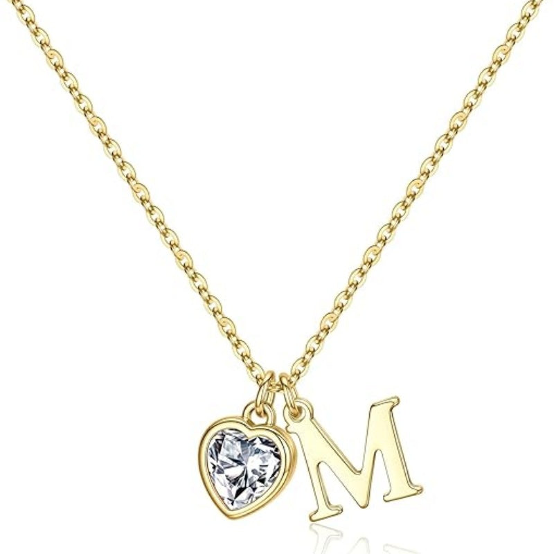 14K Gold Plated Initial A-Z Heart Birthstone Letter Necklace