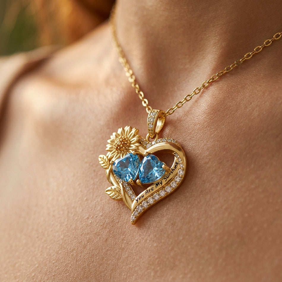 Sterling Sliver Birthstone Love Heart & Sunflower Pendant Necklace Engraved With You Are My Sunshine