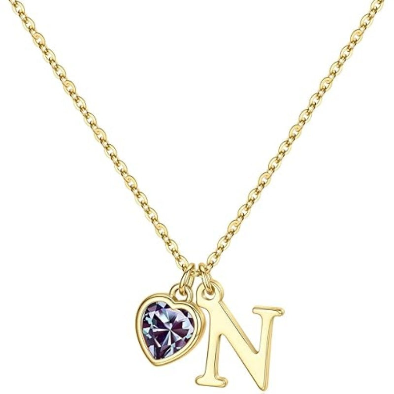 14K Gold Plated Initial A-Z Heart Birthstone Letter Necklace