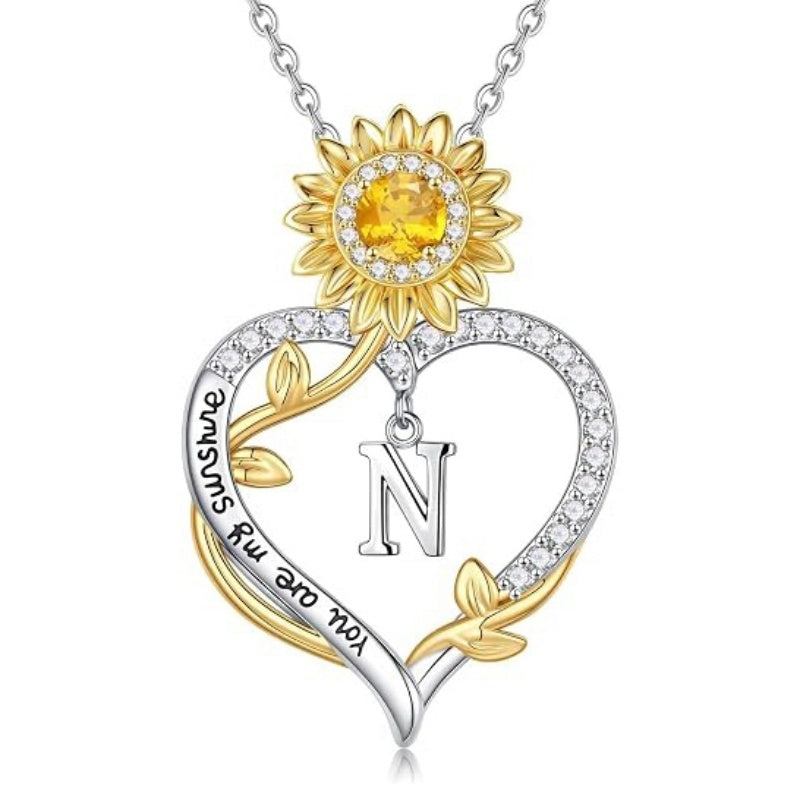 14K Gold Plated Initial Sunflower Pendant Necklace Engraved with You Are My Sunshine