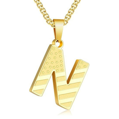 14K Gold Plated American Flag Initial Pendant Necklace for Men