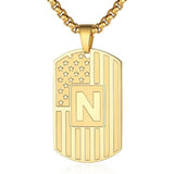 14K Gold Plated Initial A-Z American Flag Dog Tag Necklace for Men