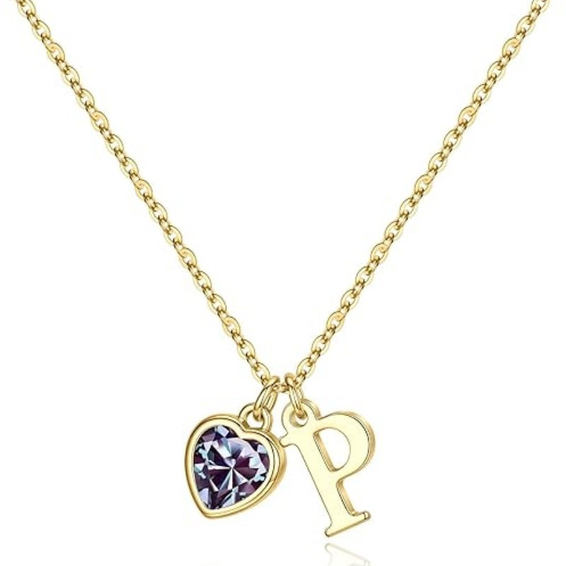 14K Gold Plated Initial A-Z Heart Birthstone Letter Necklace