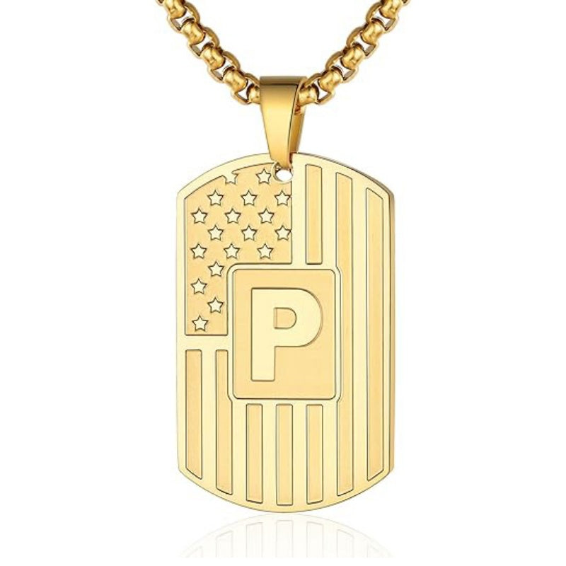 14K Gold Plated Initial A-Z American Flag Dog Tag Necklace for Men