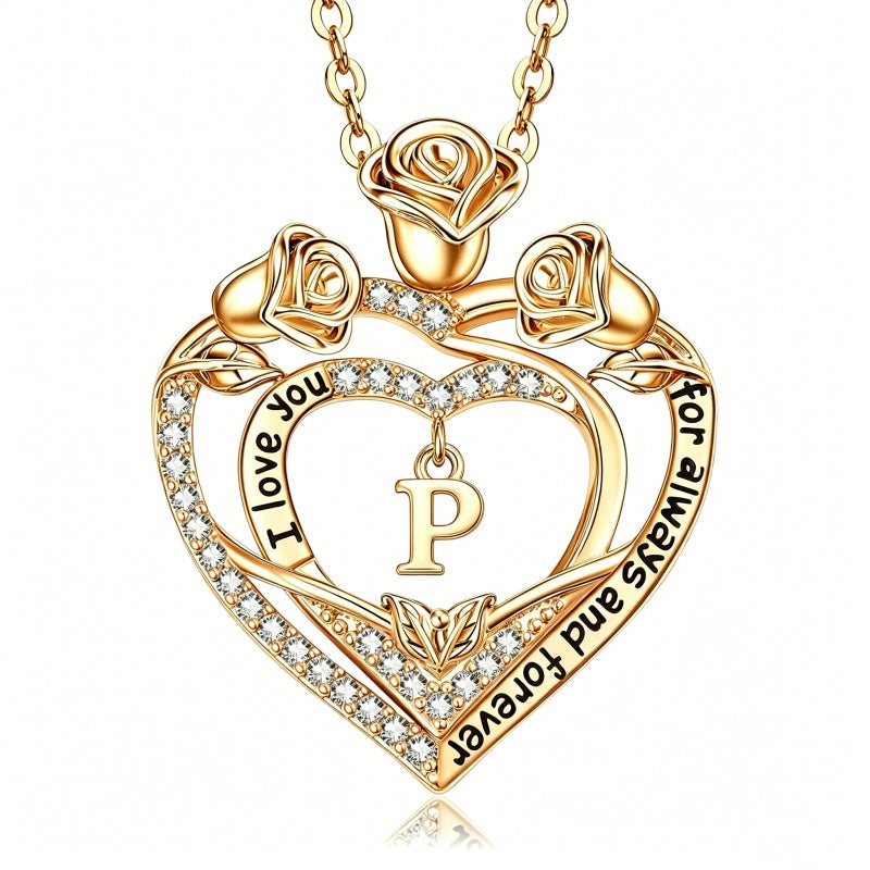 14K Gold Plated Rose Heart Initial Necklace Engraved with I Love You for Always and Forever  for Women