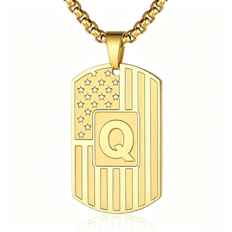 14K Gold Plated Initial A-Z American Flag Dog Tag Necklace for Men