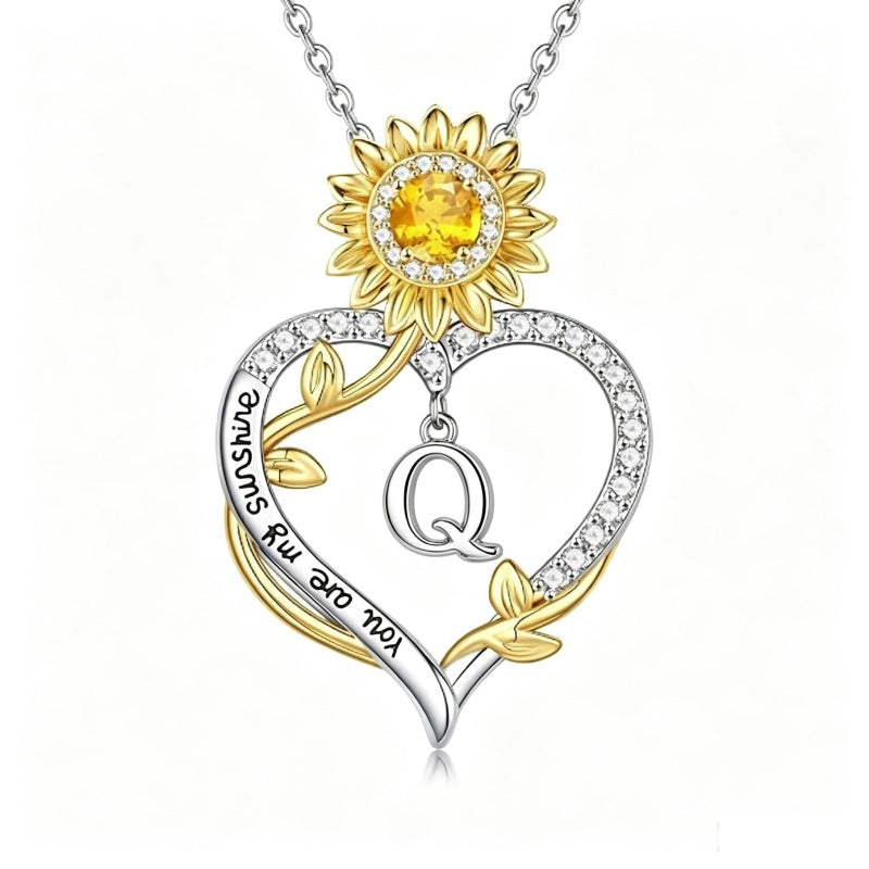 14K Gold Plated Initial Sunflower Pendant Necklace Engraved with You Are My Sunshine