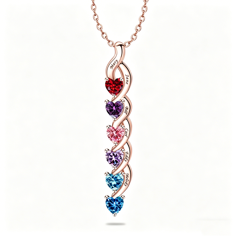 Copper Sterling Silver Personalized 1-6 Simulated Birthstones Mother's Name Heart Pendant Necklace