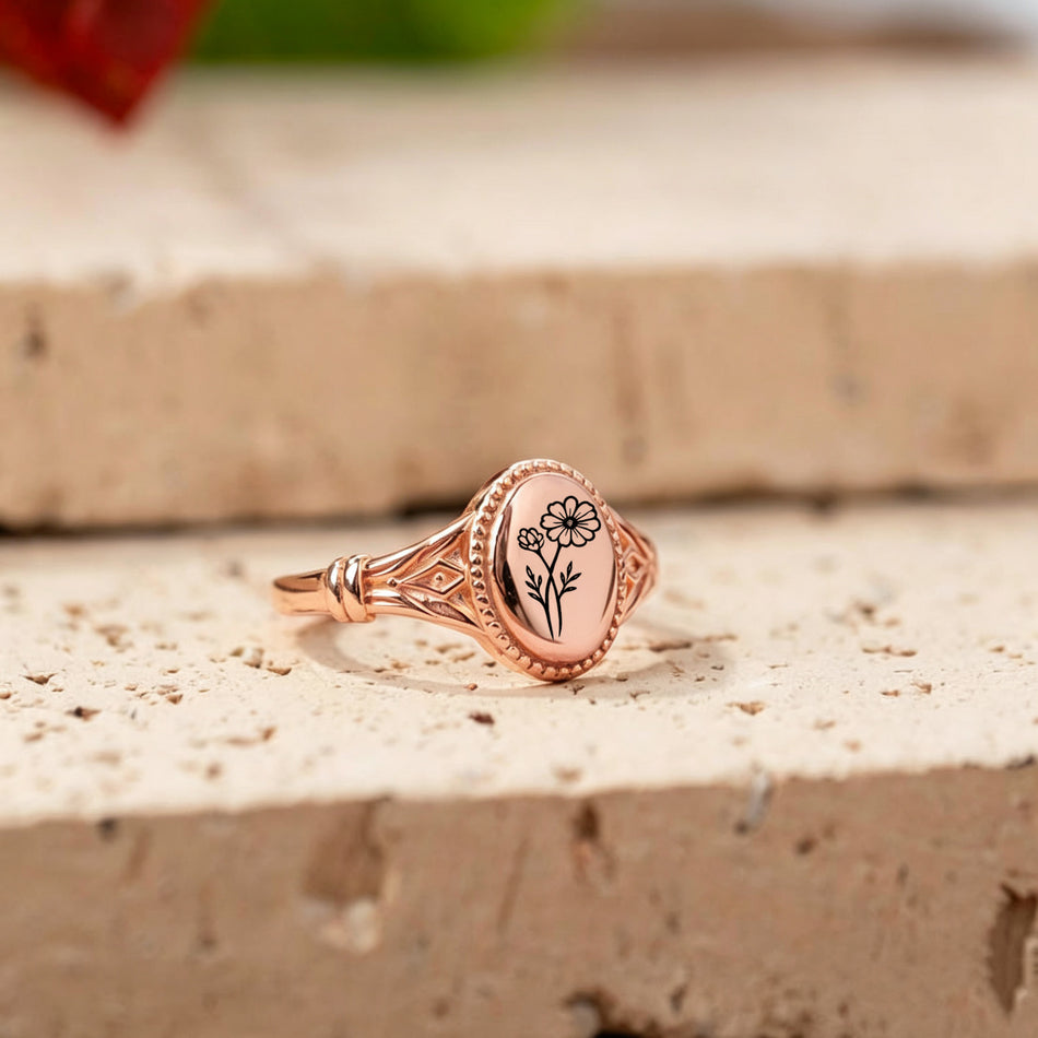 925 Sterling Silver Birth Flower Ring Vintage Flower Signet Ring Mother's Day Gift
