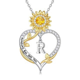 14K Gold Plated Initial Sunflower Pendant Necklace Engraved with You Are My Sunshine