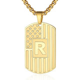 14K Gold Plated Initial A-Z American Flag Dog Tag Necklace for Men