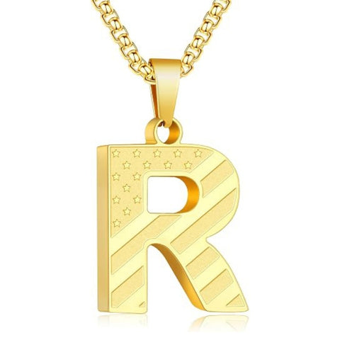 14K Gold Plated American Flag Initial Pendant Necklace for Men