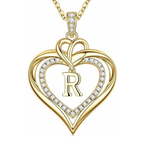 14K Gold Plated Initial Double Heart Pendant Necklace Anniversary Birthday Gifts for Women
