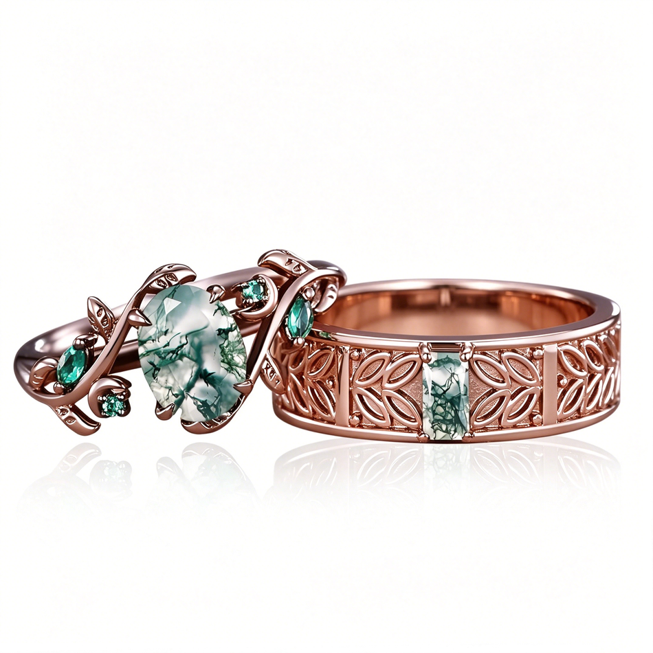 Sterling Silver 10K 14K 18K Gold Natural Leaf  Moss Agate Engagement Anniversary Couple Ring Sets